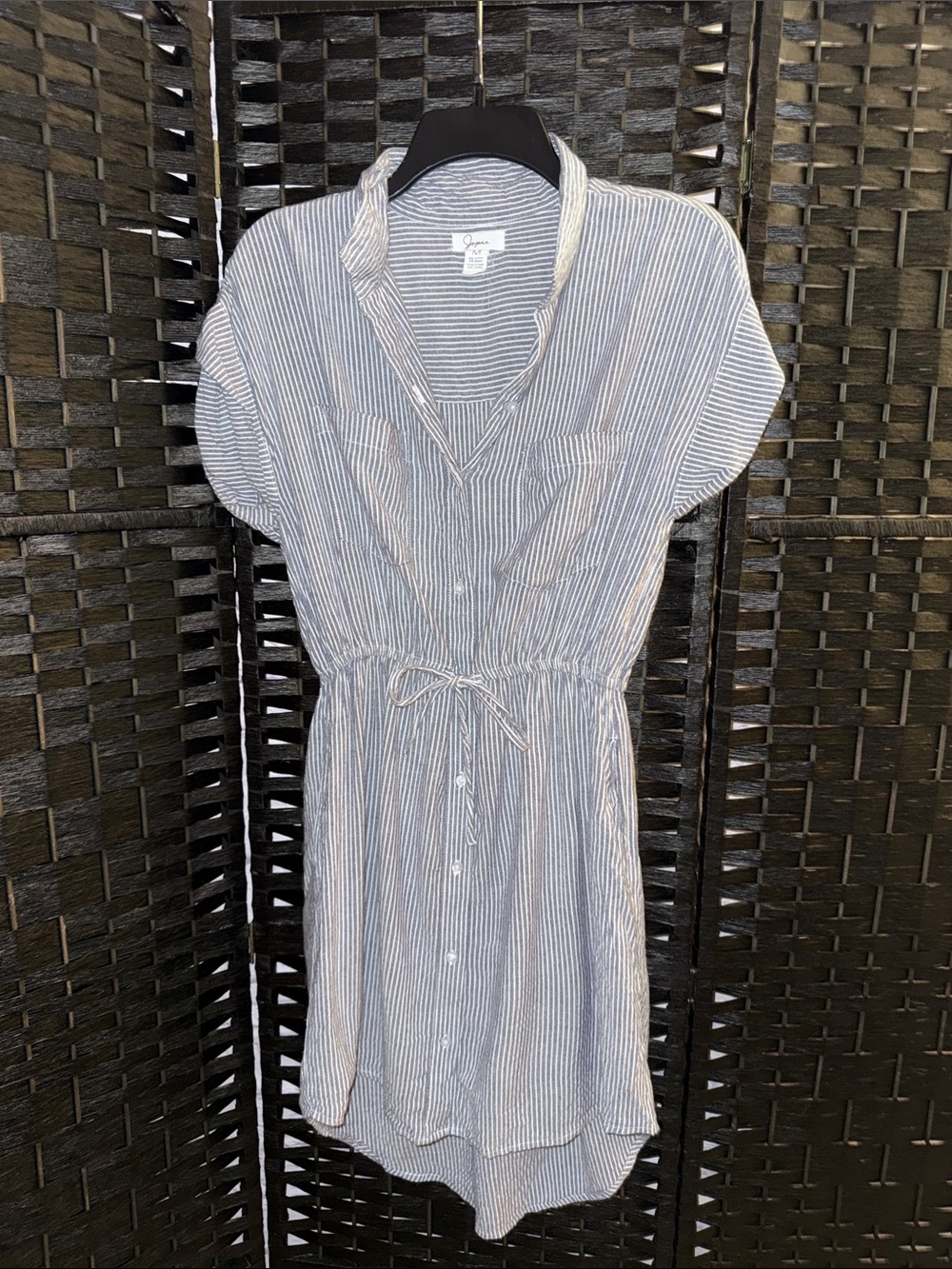 Striped Button-Front Drawstring Waist Shirt Dress - Blue & White